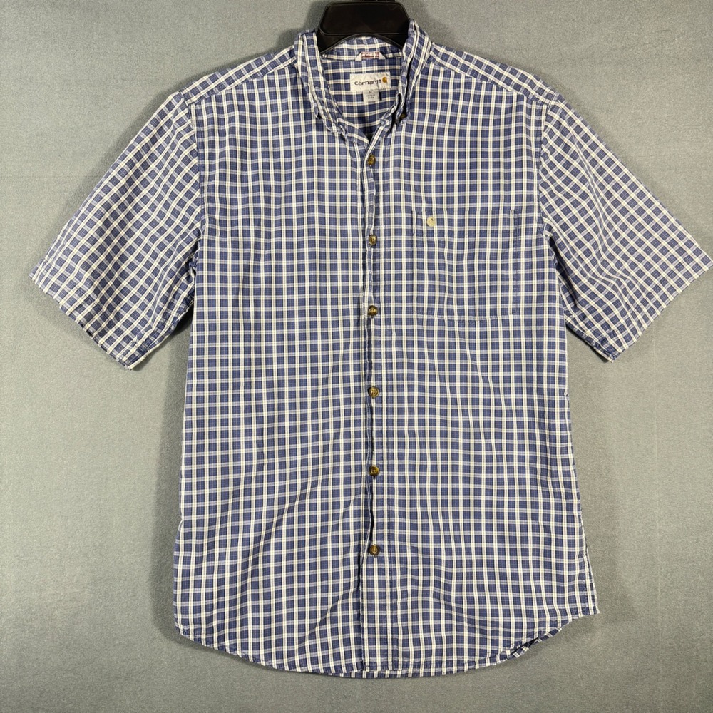 Carhartt Button Down Men M Blue Plaid Relaxed Fit Short Sleeve Cotton Work Shirt - Picture 1 of 10
